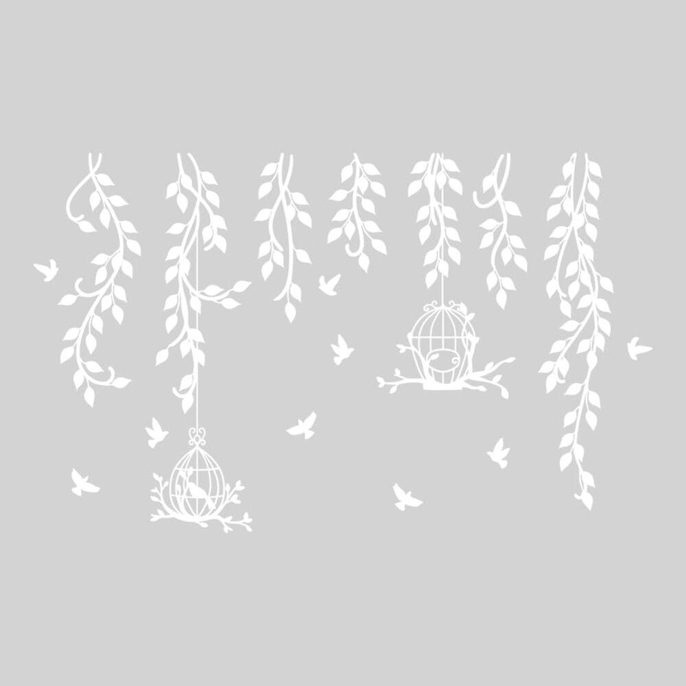 Wall Stickers White Flower Vine Decor Branches Birdcage